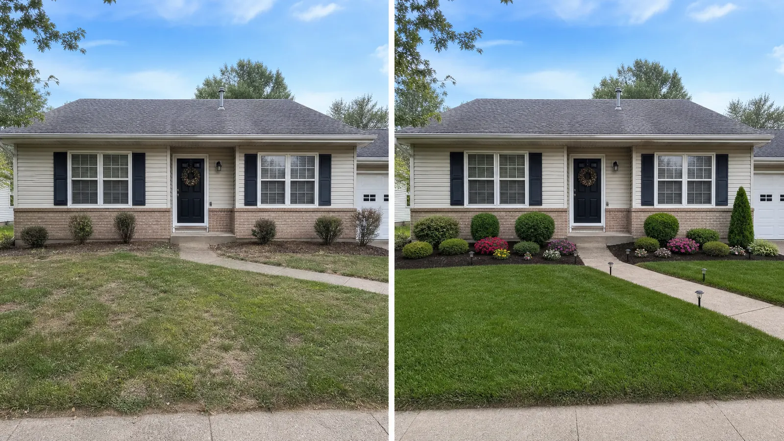 Yardcast front-yard curb appeal visualization showing the same house before and with a design preview